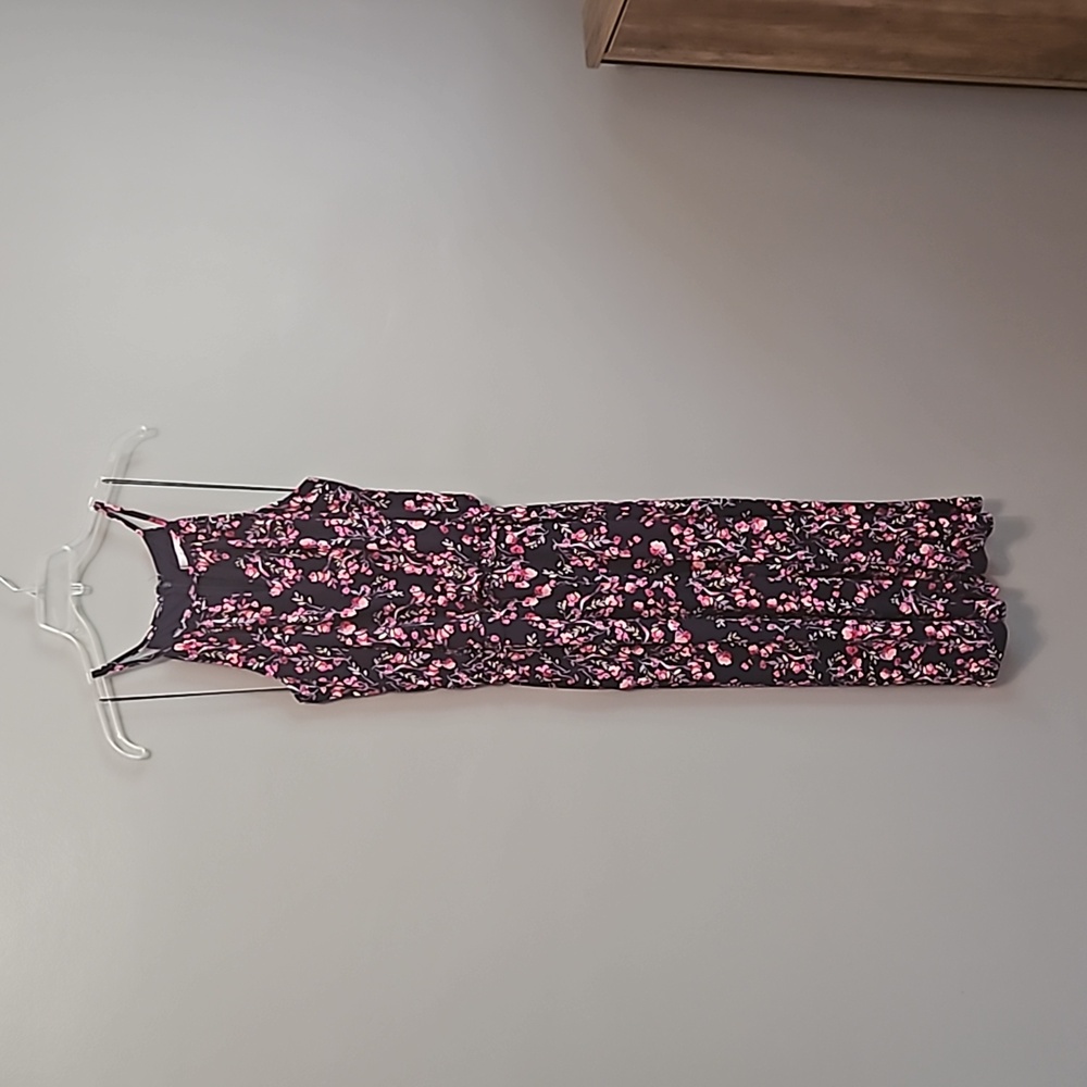 London Times Jumpsuit Capri Navy Blue Floral High Neck with pockets Size 12